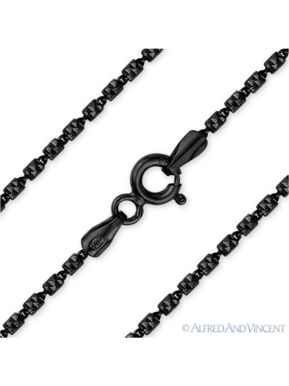 Tube-Brite D-Cut Bead Chain Necklace in 925 Sterling Silver w/ PVD Black Rhodium